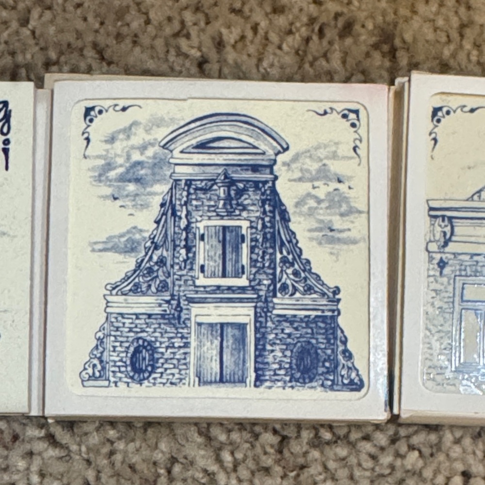 7 Vintage Collector’s KLM Blue White Ceramic Tile with Architectural Design